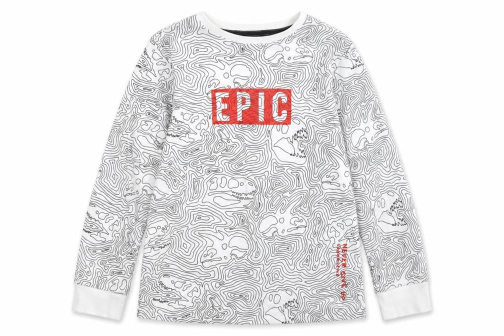 Front view of F&F boys’ ivory camouflage cotton pullover sweatshirt, size 8-9, years - dinosaur bone print