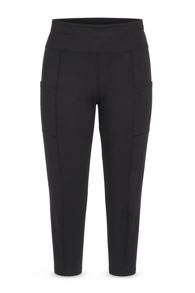 Front view of SHEIN women’s black polyester capri leggings, size S, 24-inch leg regular pullover