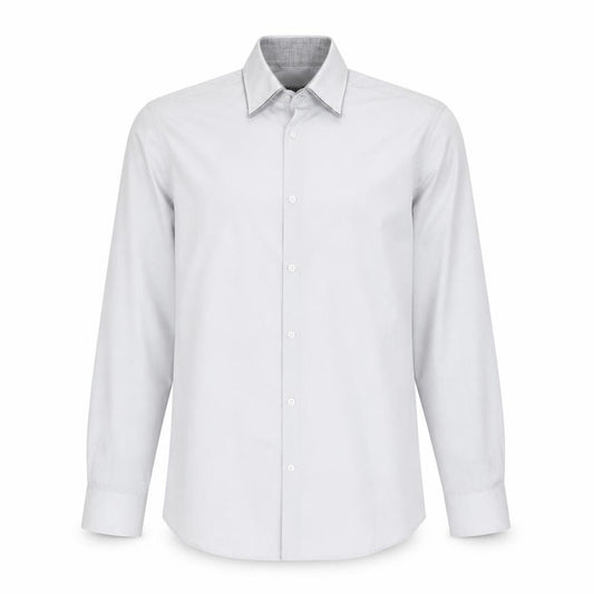 Front view of Cedarwood State men’s grey polyester dress shirt, size 14, collared button