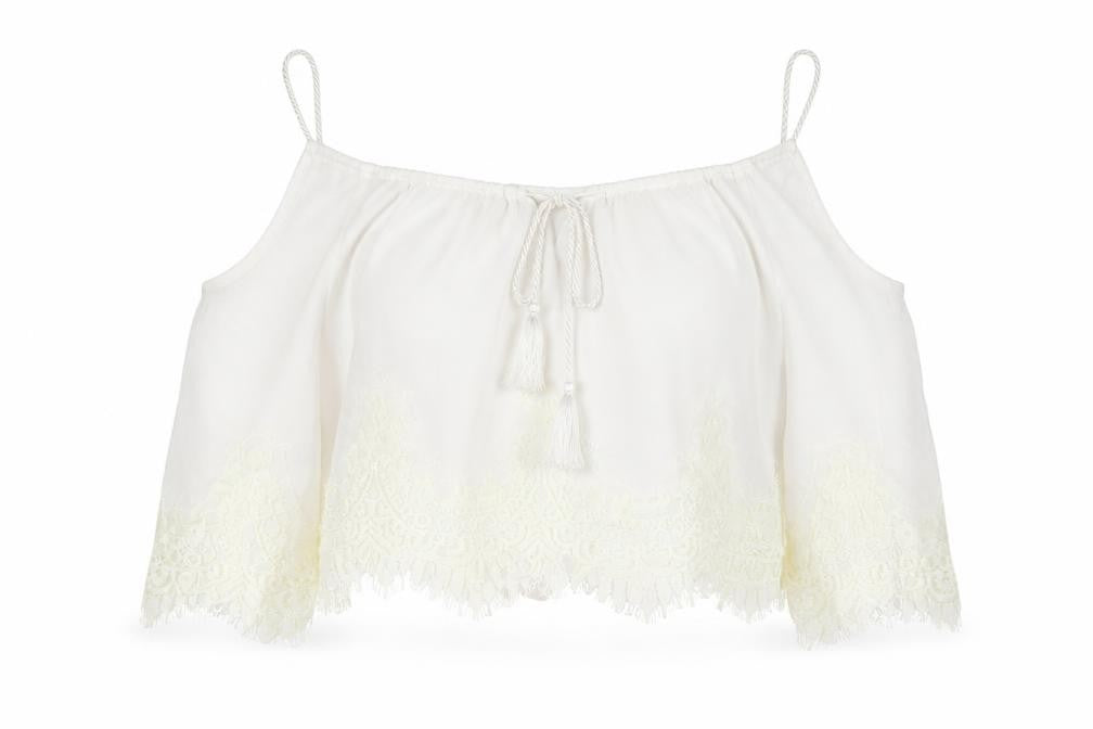 Front view of Missguided women’s white floral polyester basic blouse, size UK 8, v-neck - cold shoulder