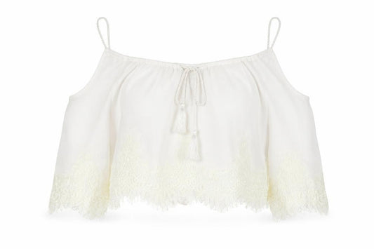 Front view of Missguided women’s white floral polyester basic blouse, size UK 8, v-neck - cold shoulder