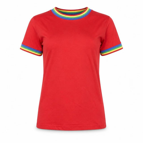 Daisy Street Womens Red Polyester Ringer T-Shirt Size 6 Round Neck - Rainbow Trim