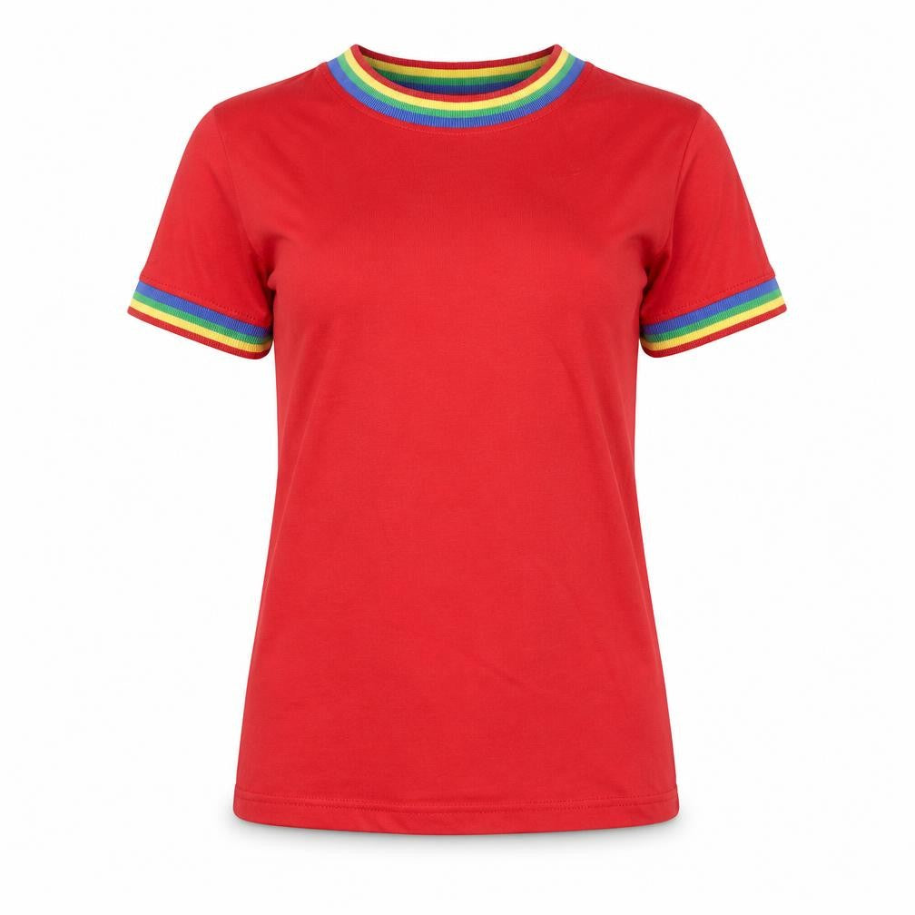 Daisy Street Womens Red Polyester Ringer T-Shirt Size 6 Round Neck - Rainbow Trim