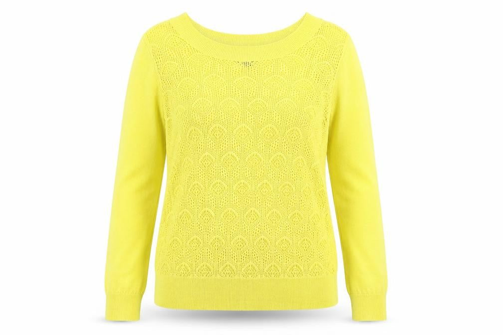 Front view of MGXX women’s yellow round neck acrylic jumper, size M