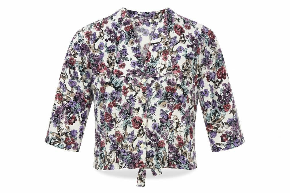 Front view of Fashion women’s multicoloured floral viscose basic button-up, size UK 12, v-neck