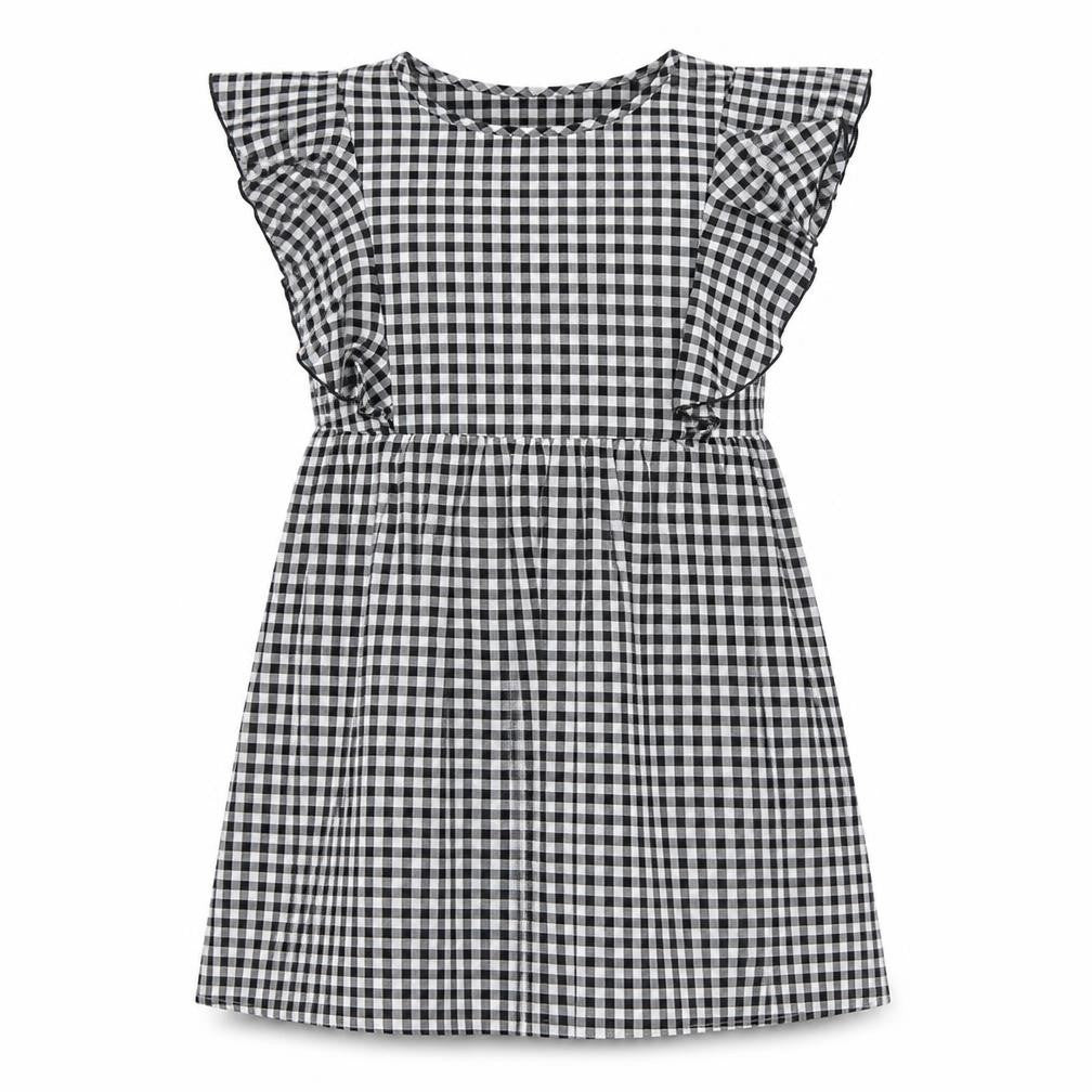 Front view of SHEIN women’s black gingham polyester a-line, size S, boat neck pullover