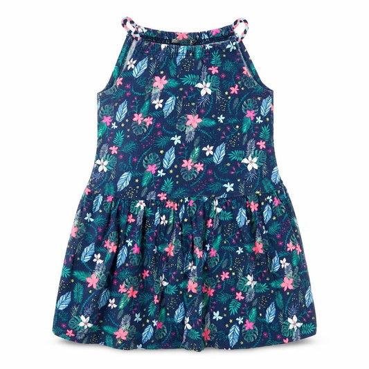 Front view of Little Kids girls’ blue floral cotton a-line, size 3-4, years square neck pullover