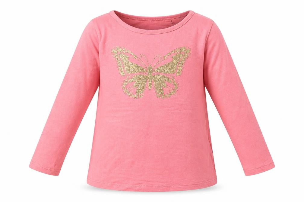 Front view of Tom Tailor girls’ pink cotton basic casual, size 2-3, years crew neck pullover - butterfly print