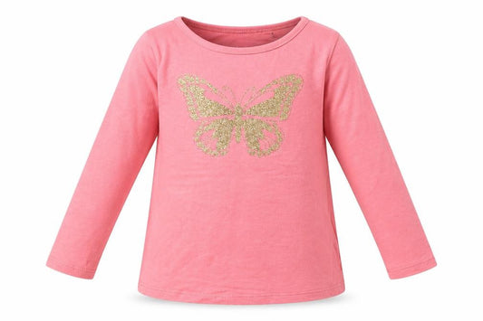 Front view of Tom Tailor girls’ pink cotton basic casual, size 2-3, years crew neck pullover - butterfly print