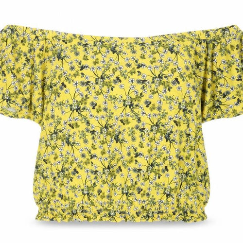 Oasis Womens Yellow Floral Viscose Basic T-Shirt Size L Off the Shoulder