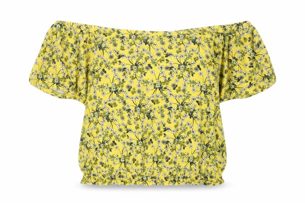 Oasis Womens Yellow Floral Viscose Basic T-Shirt Size L Off the Shoulder