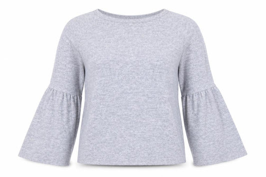 Front view of Primark women’s grey crew neck polyester jumper, size UK 6, - frill sleeves