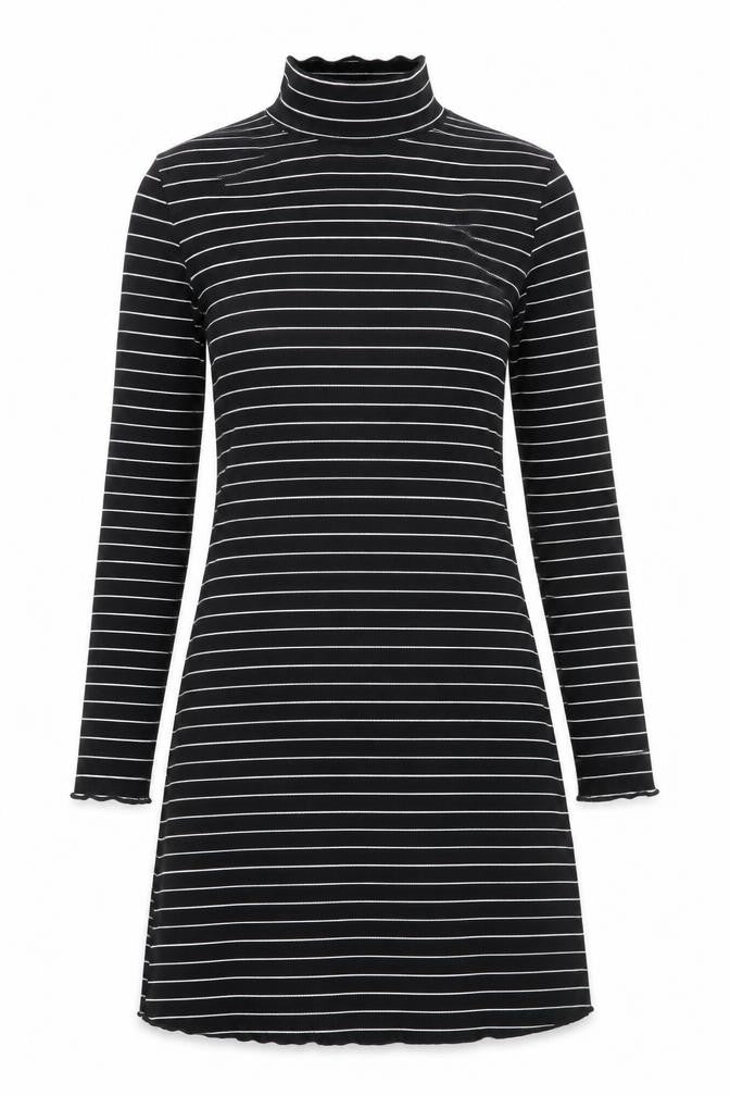 Front view of Miss Selfridge women’s black striped polyester a-line, size UK 8, high neck pullover