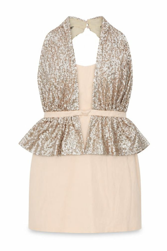 Front view of ASOS women’s pink polyester mini, size UK 12, v-neck zip
