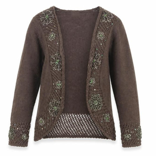 Zahara Womens Brown V-Neck Acrylic Cardigan Jumper Size L - Flower Detail