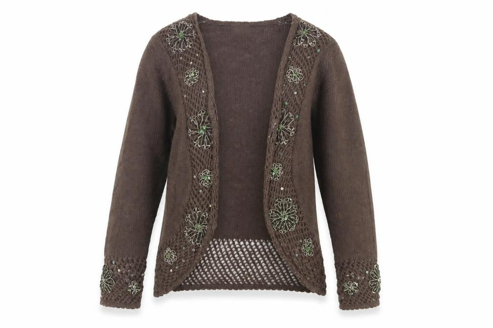Zahara Womens Brown V-Neck Acrylic Cardigan Jumper Size L - Flower Detail