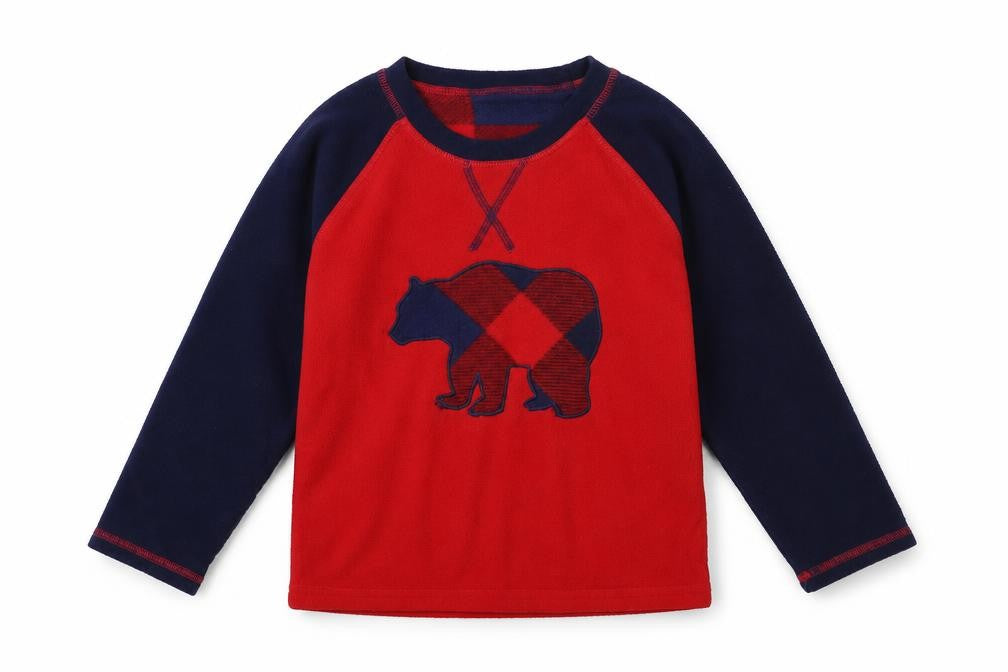 Front view of Dunnes boys’ red colourblock polyester pullover sweatshirt, size 5-6, years pullover - bear