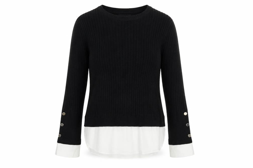 Front view of Primark women’s black crew neck acrylic jumper, size M