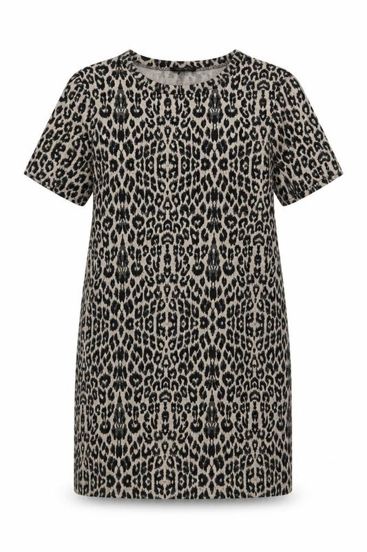 Front view of New Look women’s beige animal print polyester shift, size UK 12, crew neck pullover