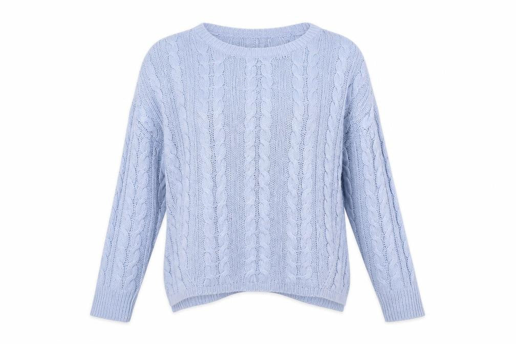 Front view of Atmosphere women’s blue round neck geometric acrylic jumper, size UK 12