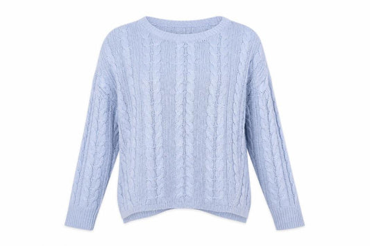 Front view of Atmosphere women’s blue round neck geometric acrylic jumper, size UK 12
