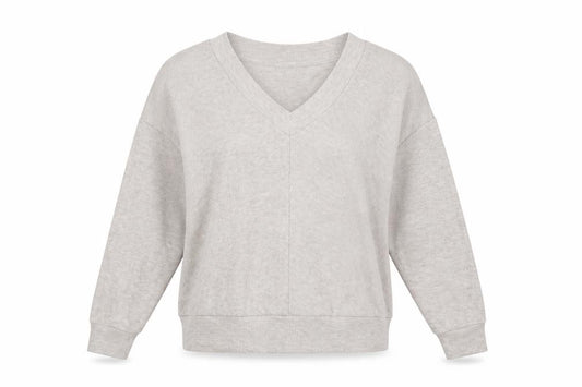 Front view of JEFF&CO women’s beige v-neck polyester jumper, size UK 10