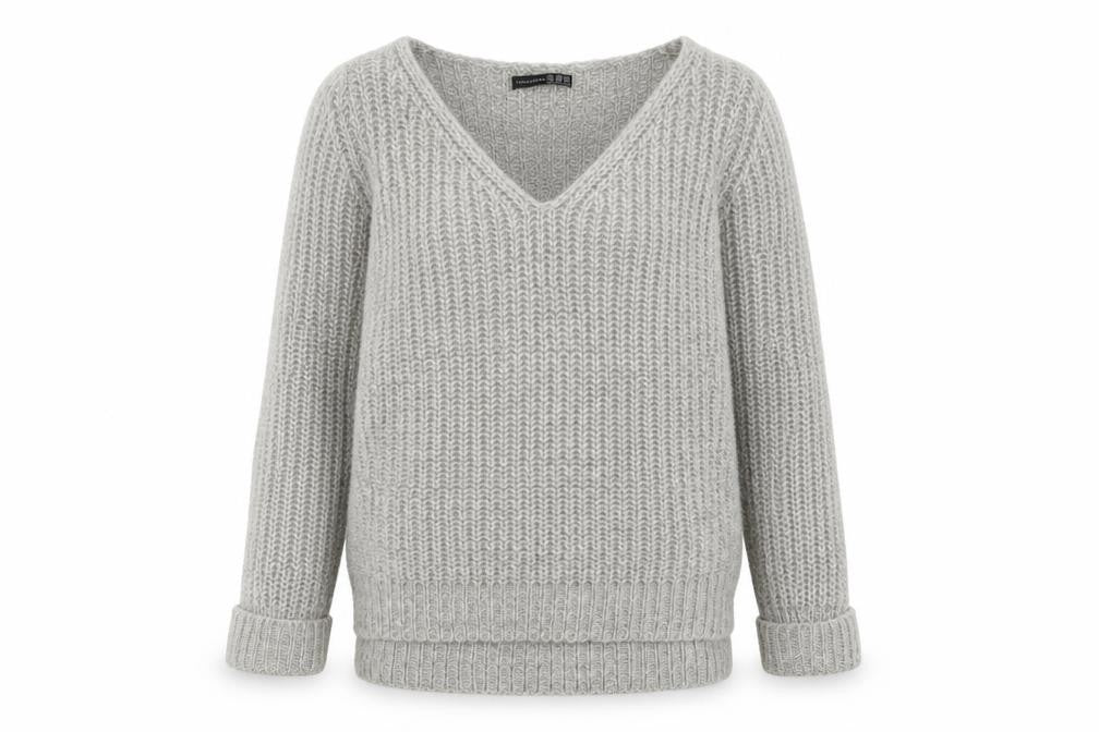 Front view of Atmosphere women’s grey v-neck acrylic jumper, size UK 10