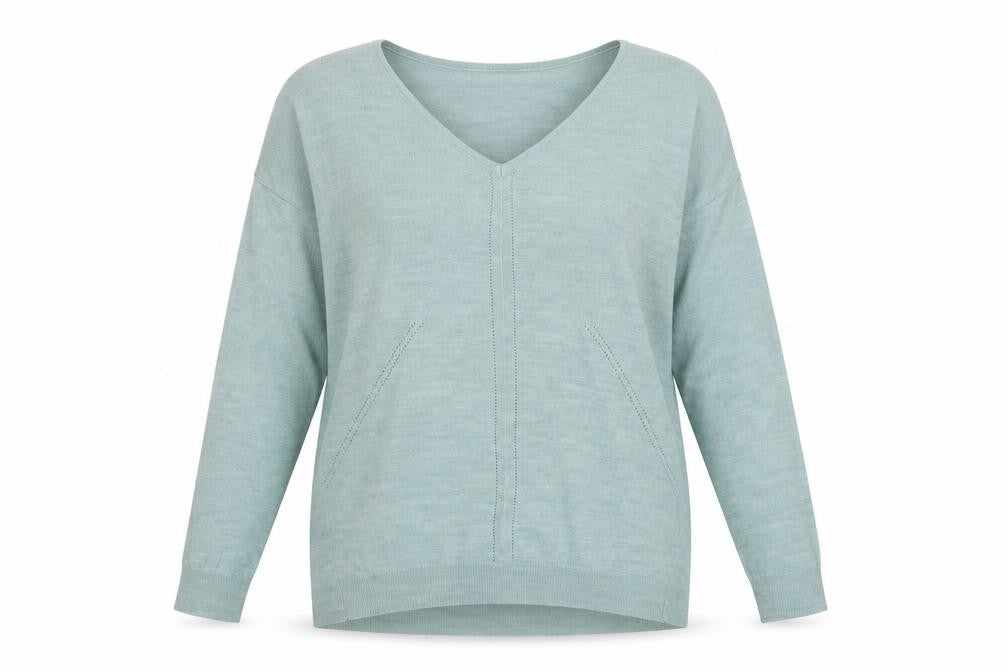 Front view of Peacocks women’s blue v-neck acrylic jumper, size UK 12