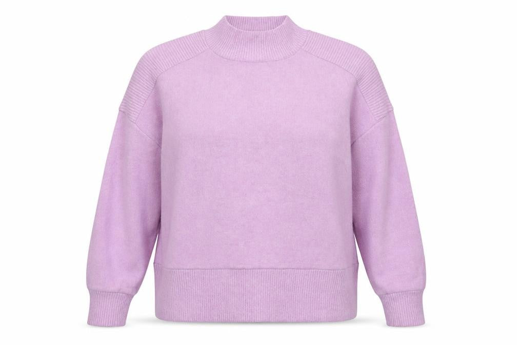 Front view of Dunnes women’s purple mock neck polyester jumper, size L