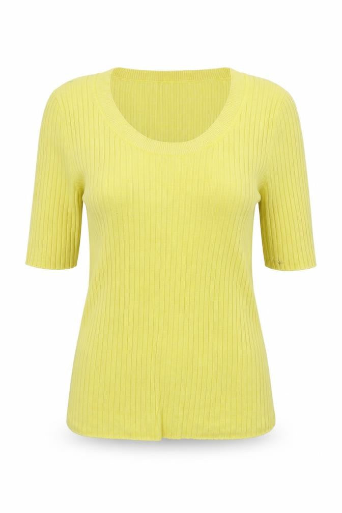 Front view of River Island women’s yellow scoop neck viscose jumper, size UK 10, - ribbed