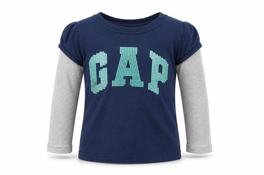 Front view of Gap girls’ blue cotton basic t-shirt, size 18-24, months round neck