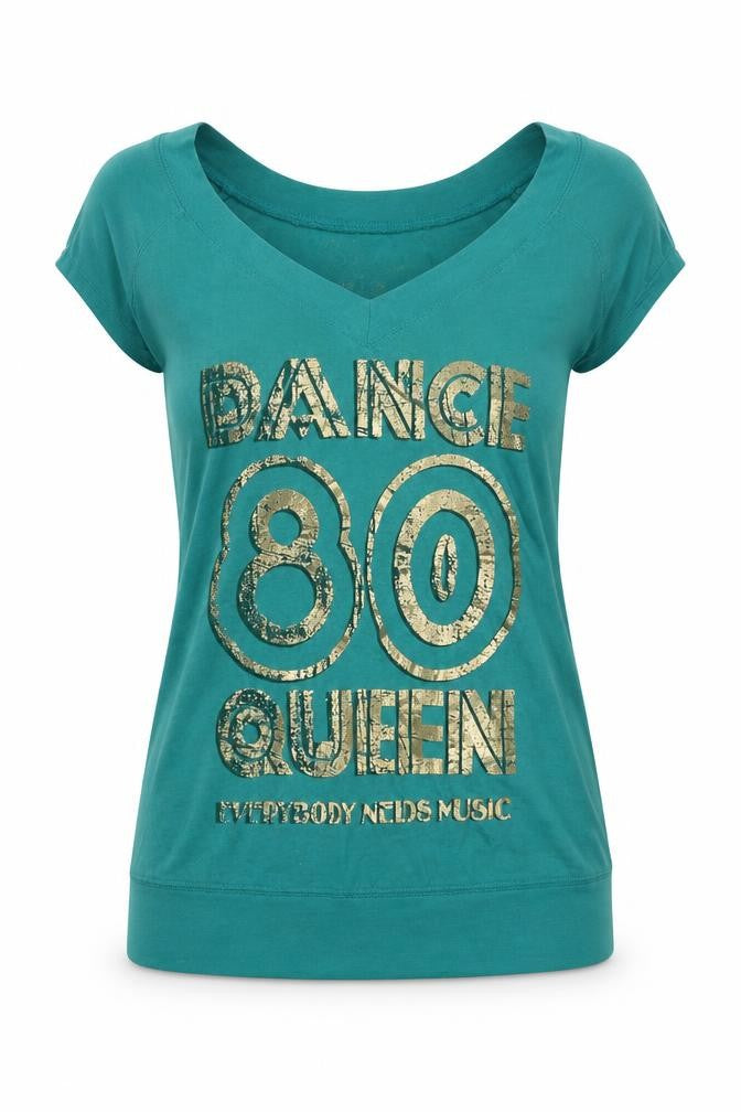 Front view of Bershka women’s green cotton basic tank, size S, v-neck - dance 80's queen
