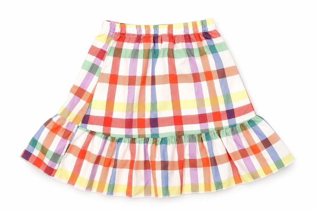 Front view of Preworn girls’ multicoloured check polyester skater skirt, size 2-3, years regular