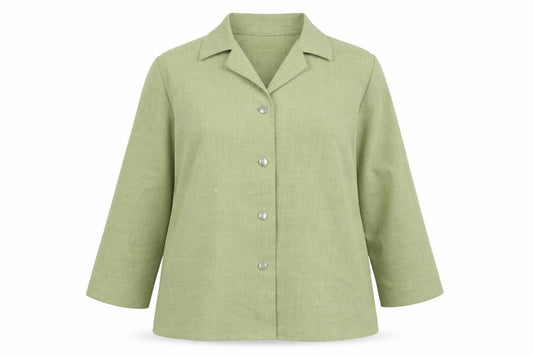 Front view of Karelia women’s green polyester basic button-up, size UK 16, collared