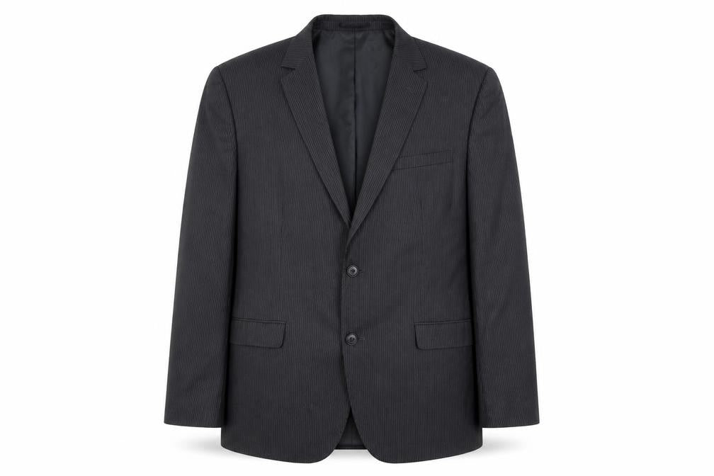 Front view of F&F men’s grey striped polyester jacket suit jacket, size 46