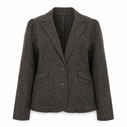 Front view of Moto women’s brown herringbone cotton jacket blazer, size UK 12
