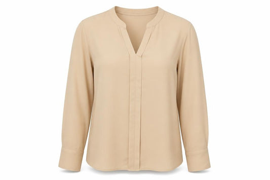 Front view of SHEIN women’s beige polyester basic blouse, size UK 12, v-neck