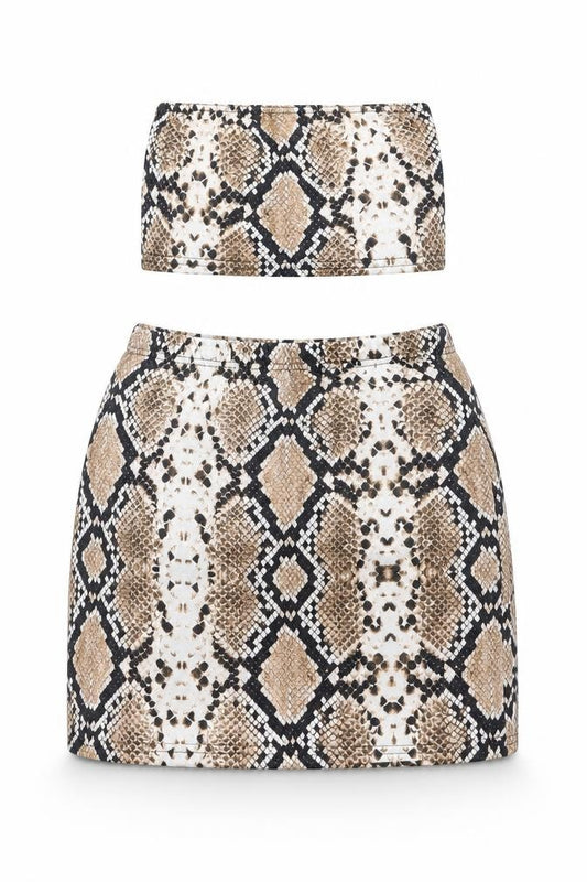 Front view of PRETTYLITTLETHING women’s brown animal print polyester skirt/ skort set outfit/set, pullover - snake print