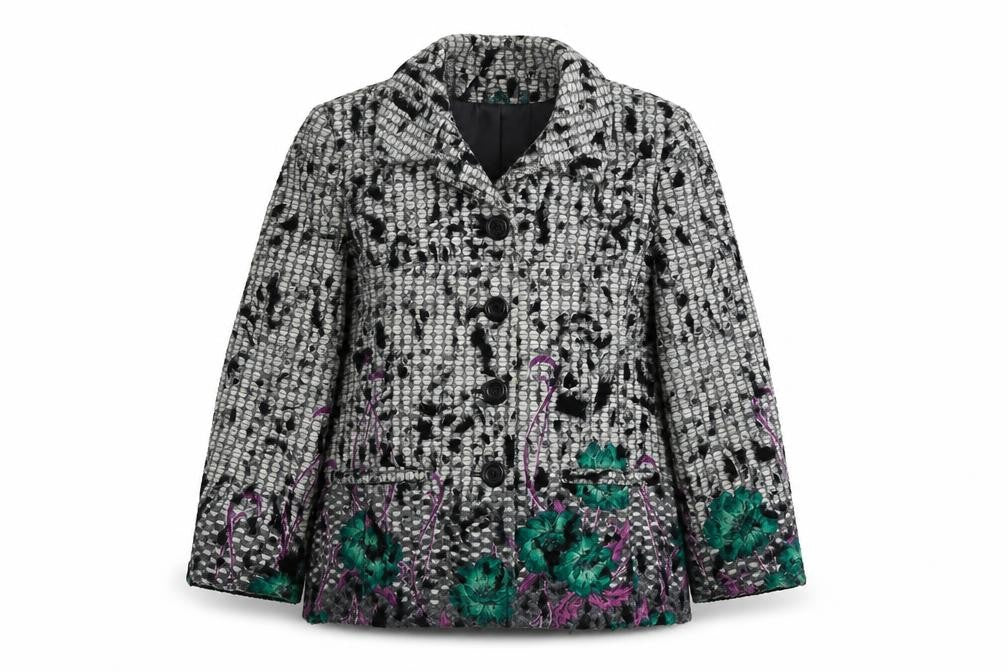 Front view of Gerard women’s multicoloured geometric pea coat coat, size UK 12, button