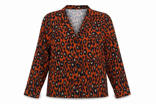 Front view of New Look women’s orange animal print polyester basic button-up, size UK 8, collared