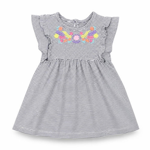 Dunnes Stores Girls White Striped Cotton A-Line Size 12-18 Months Crew Neck Button - Floral Detail