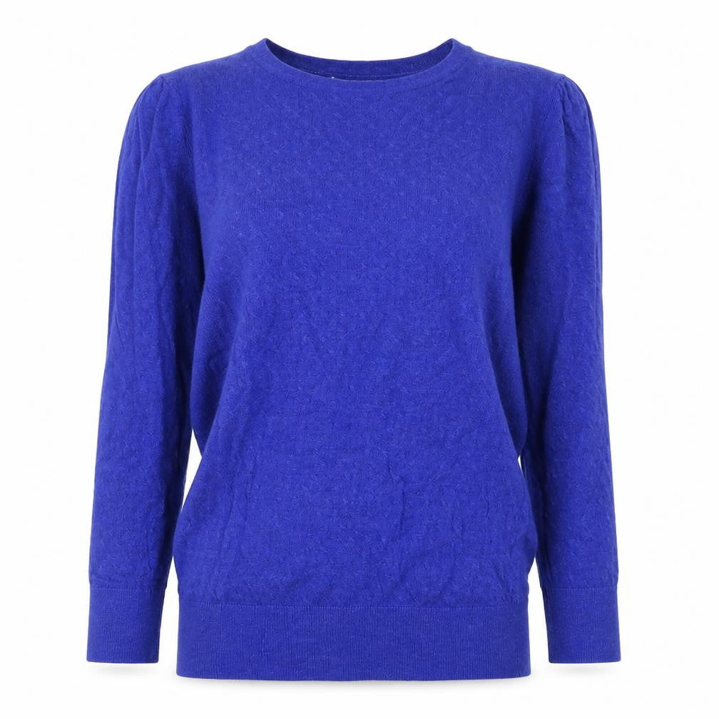 Front view of H&M women’s blue crew neck viscose jumper, size XS