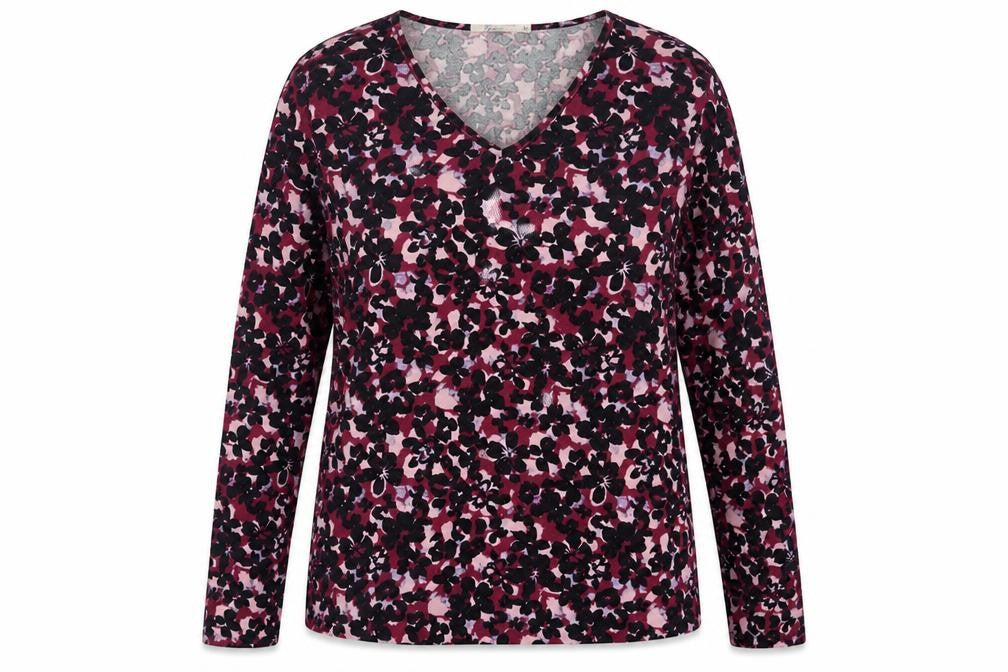 Front view of Onfire women’s purple floral polyester basic t-shirt, size UK 12, v-neck