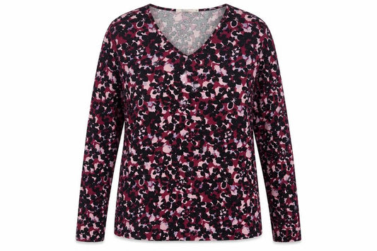 Front view of Onfire women’s purple floral polyester basic t-shirt, size UK 12, v-neck