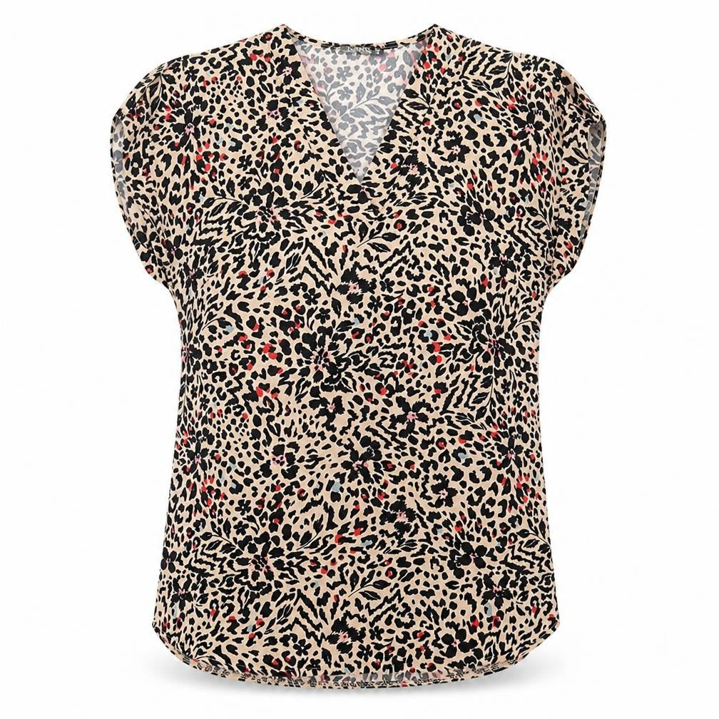 Dunnes Stores Womens Brown Animal Print Polyester Basic T-Shirt Size XS V-Neck - Leopard Print