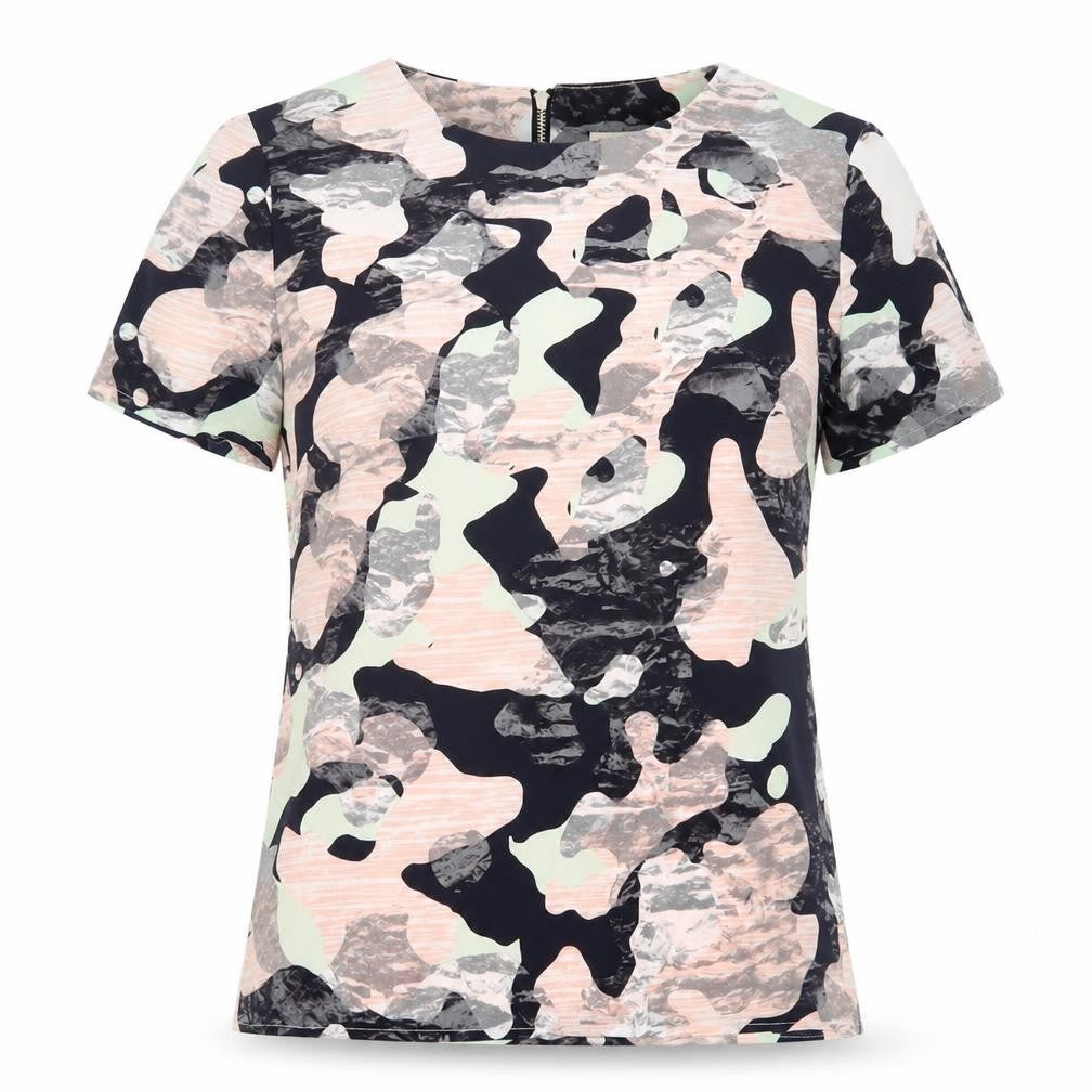 Front view of Sugarhill women’s multicoloured camouflage polyester basic t-shirt, size UK 10, crew neck