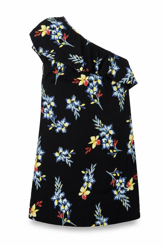 Front view of New Look women’s black floral polyester a-line, size UK 10, one shoulder pullover
