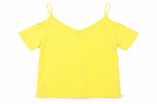 Front view of Atmosphere women’s yellow polyester basic t-shirt, size UK 8, scoop neck - cold shoulder