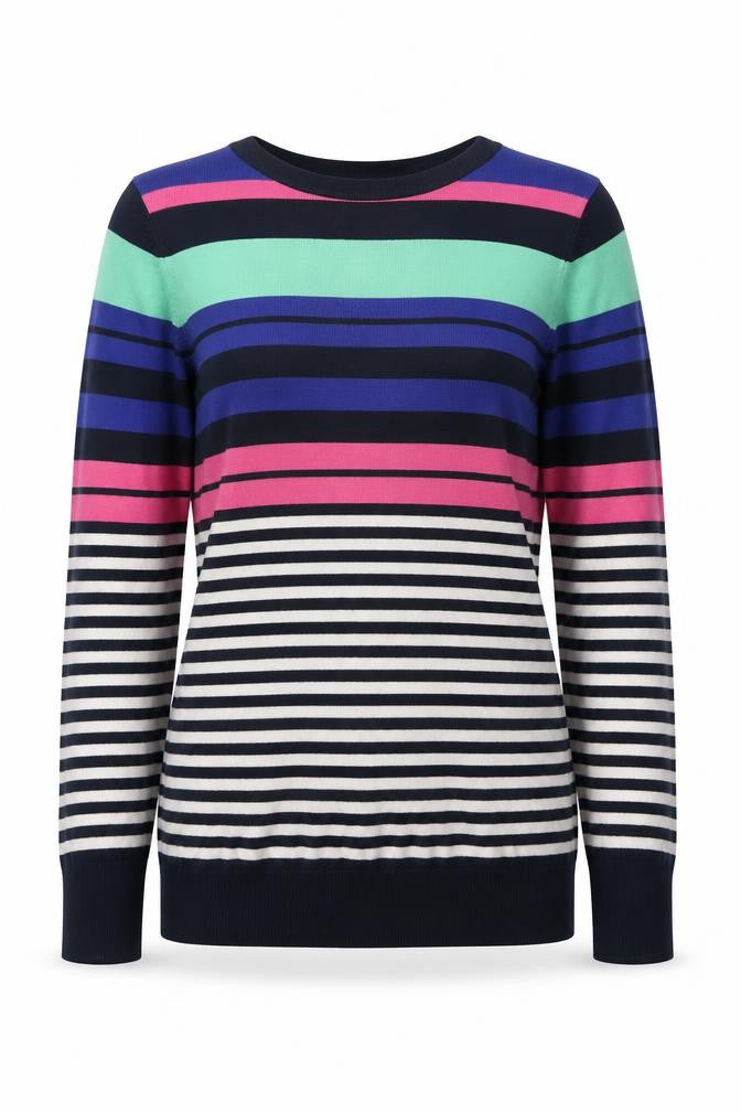 Front view of F&F women’s multicoloured round neck striped viscose jumper, size UK 10