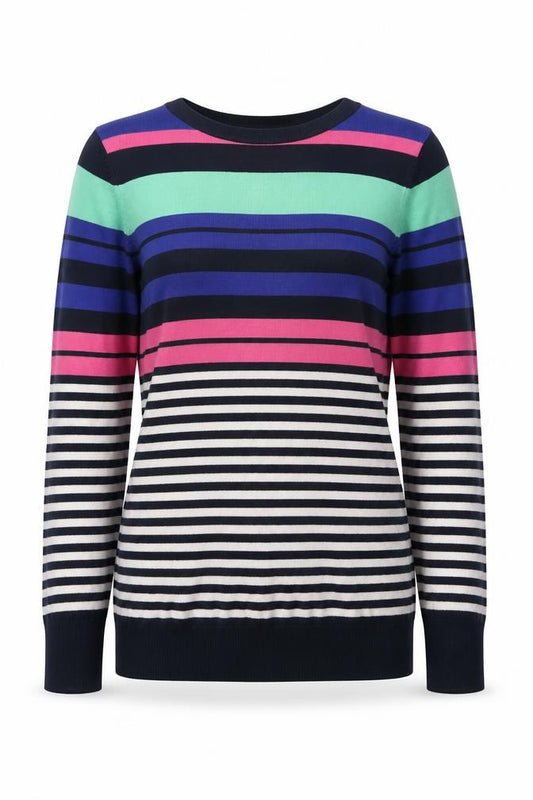 Front view of F&F women’s multicoloured round neck striped viscose jumper, size UK 10